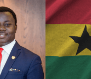 Reverend John Ntim Fordjour and the Ghanaian flag side-by-side