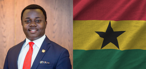 Reverend John Ntim Fordjour and the Ghanaian flag side-by-side