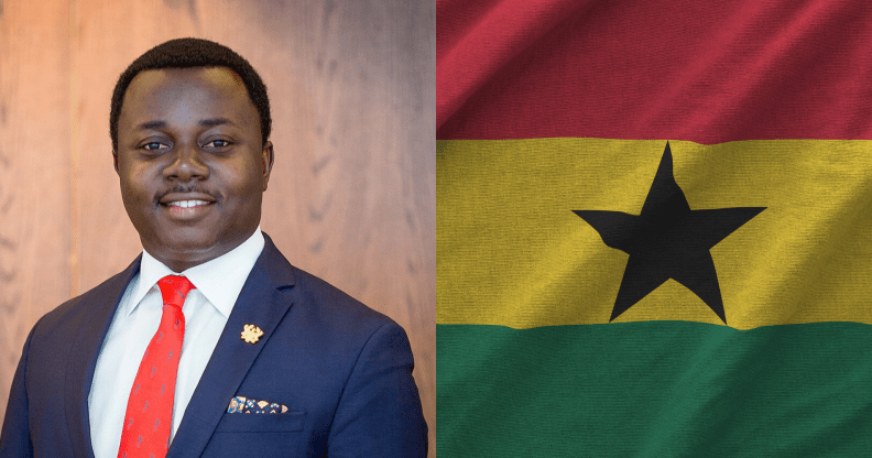 Reverend John Ntim Fordjour and the Ghanaian flag side-by-side