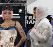Doja Cat headshot in a corset dress beside image of festival goers at the entrance wearing rain ponchos.