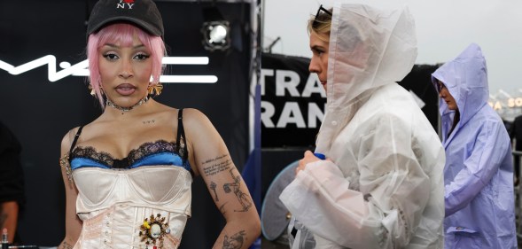Doja Cat headshot in a corset dress beside image of festival goers at the entrance wearing rain ponchos.