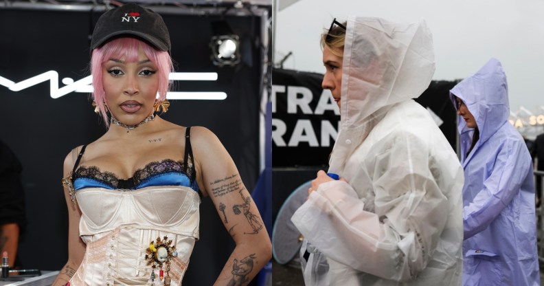 Doja Cat headshot in a corset dress beside image of festival goers at the entrance wearing rain ponchos.
