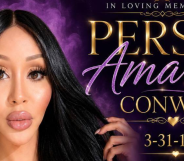 A woman, Persia Amarra Conway, on a banner next to her name and 'In Loving Memory'
