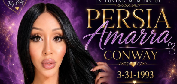 A woman, Persia Amarra Conway, on a banner next to her name and 'In Loving Memory'