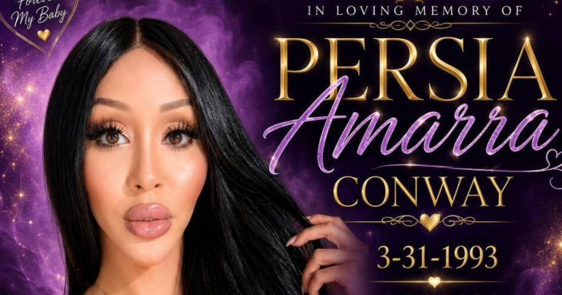 A woman, Persia Amarra Conway, on a banner next to her name and 'In Loving Memory'