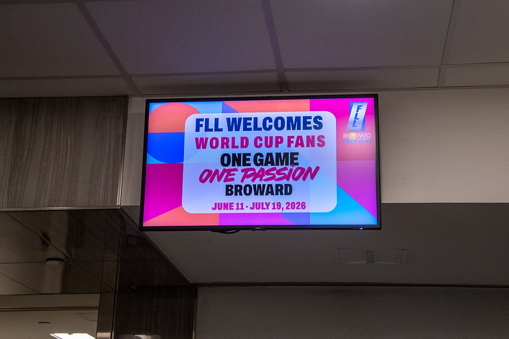FORT LAUDERDALE, FL - JUNE 12: A general view of a sign welcoming World Cup fans on June 12, 2026, at Fort Lauderdale-Hollywood International Airport, in Fort Lauderdale, FL. The airport is approximat
