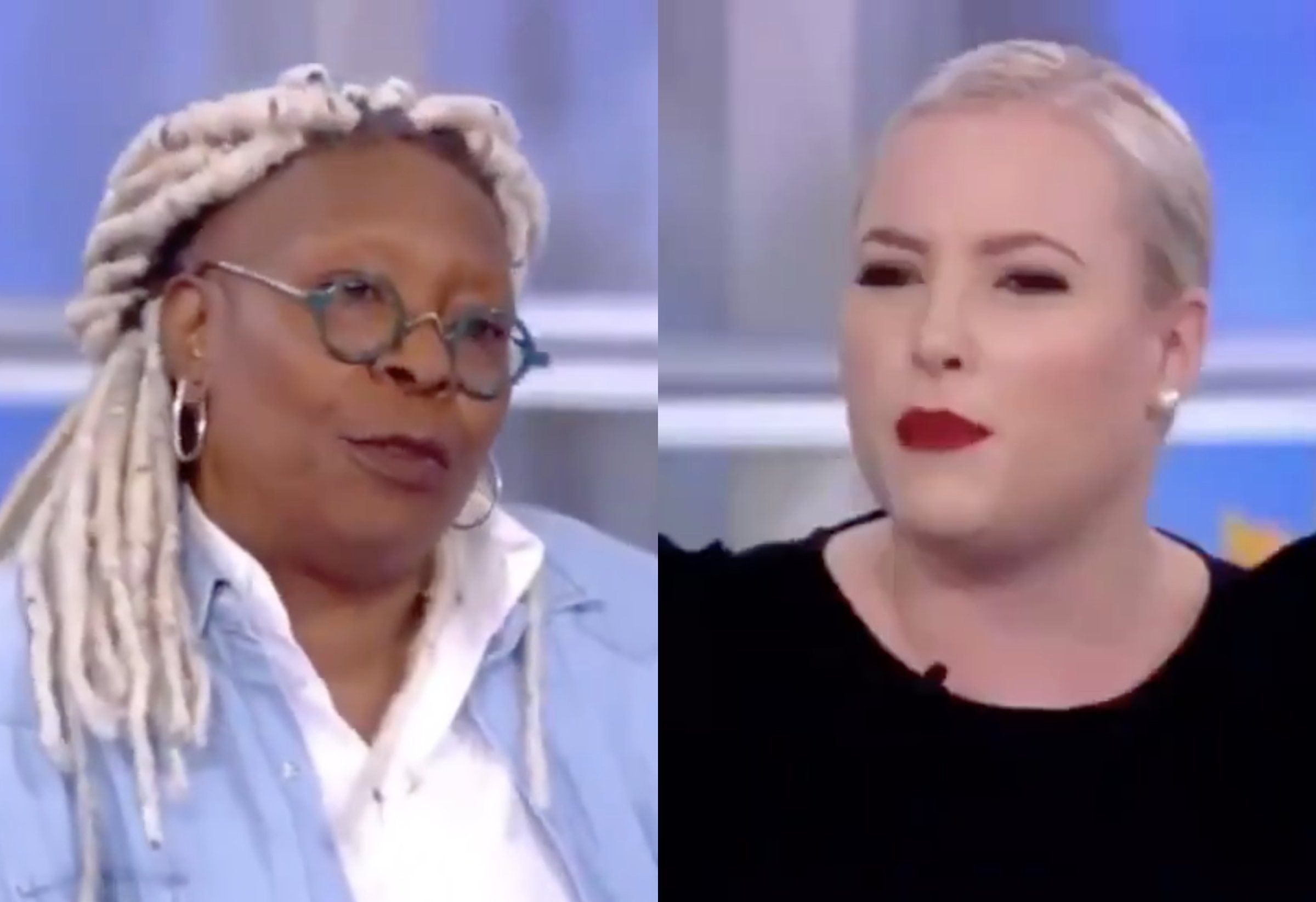 Whoopi Goldberg (L) was forced to diffuse co-host Meghan McCain on an episode of The View. (Screen captures via Twitter)