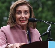 Representative Nancy Pelosi speaks at a podium