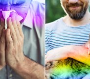man blowing his nose/man holding a cat