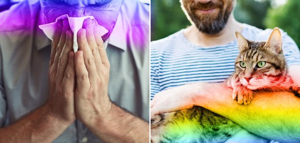 man blowing his nose/man holding a cat