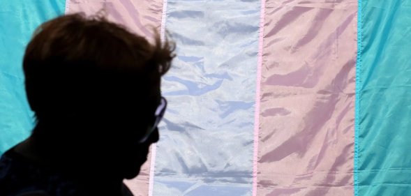 person with trans flag