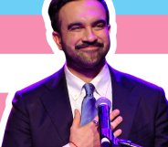A photoshopped image of Zohran Mamdani over a trans flag.
