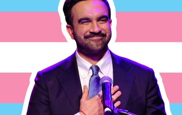 A photoshopped image of Zohran Mamdani over a trans flag.