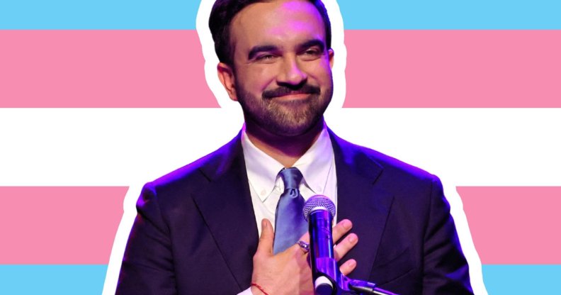 A photoshopped image of Zohran Mamdani over a trans flag.
