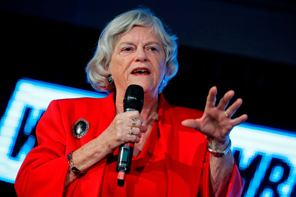 Ann Widdecombe making speech in a red blazed