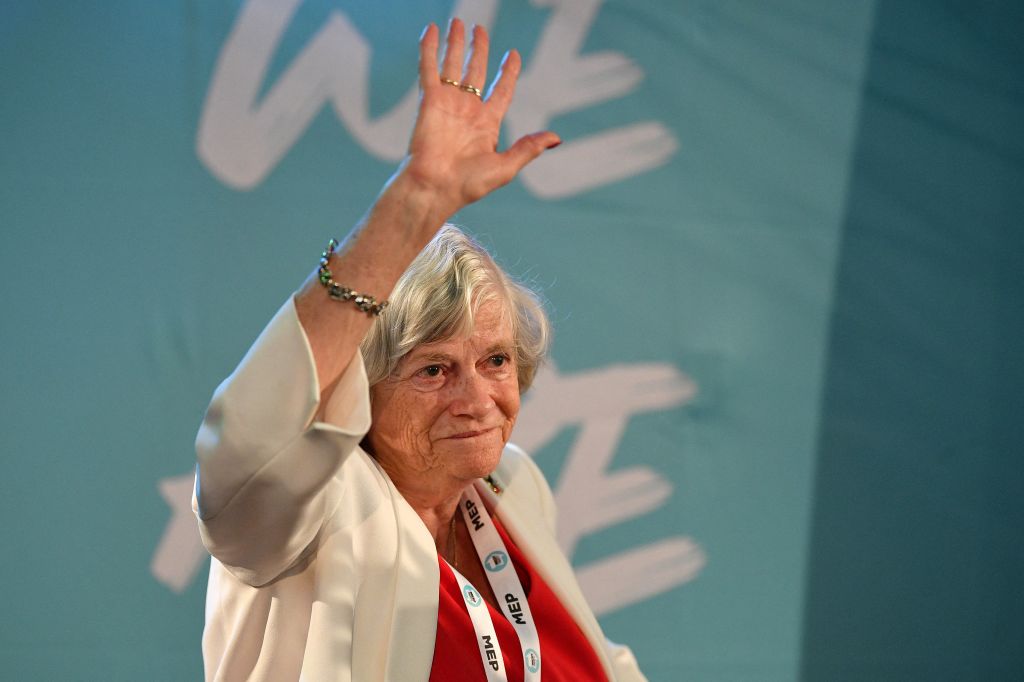 Ann Widdecombe, holding up hear hand as she leaves after attending a Brexit Party event