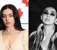 Two headshots of Charli XCX: one in colour of her in a cream dress on a red carpet, the other in black and white, wearing a dramatic long haired coat and bold dark eyeshadow.