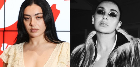 Two headshots of Charli XCX: one in colour of her in a cream dress on a red carpet, the other in black and white, wearing a dramatic long haired coat and bold dark eyeshadow.