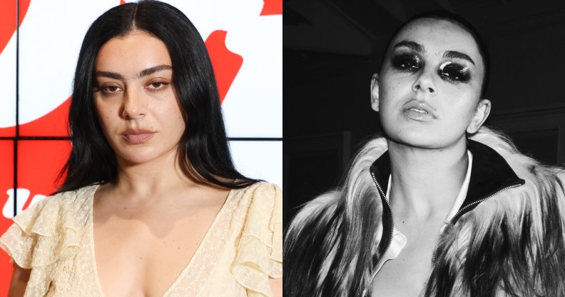 Two headshots of Charli XCX: one in colour of her in a cream dress on a red carpet, the other in black and white, wearing a dramatic long haired coat and bold dark eyeshadow.
