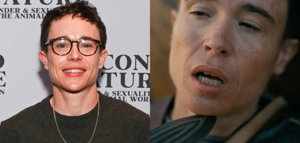Elliot Page headshot then Page in The Odyssey; a sword held up to his face