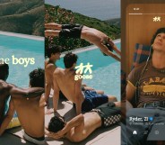 Three images of the Goose app, two with men jumping into a sunny pool and the third with an account of Ryan, 21 with a man looking up with headphones
