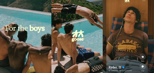 Three images of the Goose app, two with men jumping into a sunny pool and the third with an account of Ryan, 21 with a man looking up with headphones