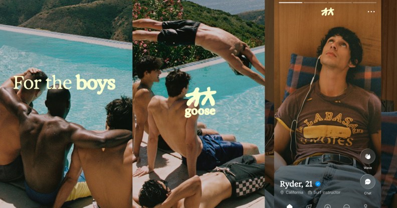 Three images of the Goose app, two with men jumping into a sunny pool and the third with an account of Ryan, 21 with a man looking up with headphones