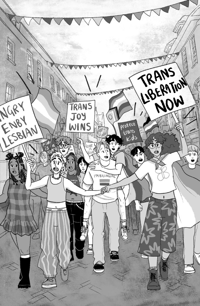 Heartstopper Volume 6 Pride march illustration.