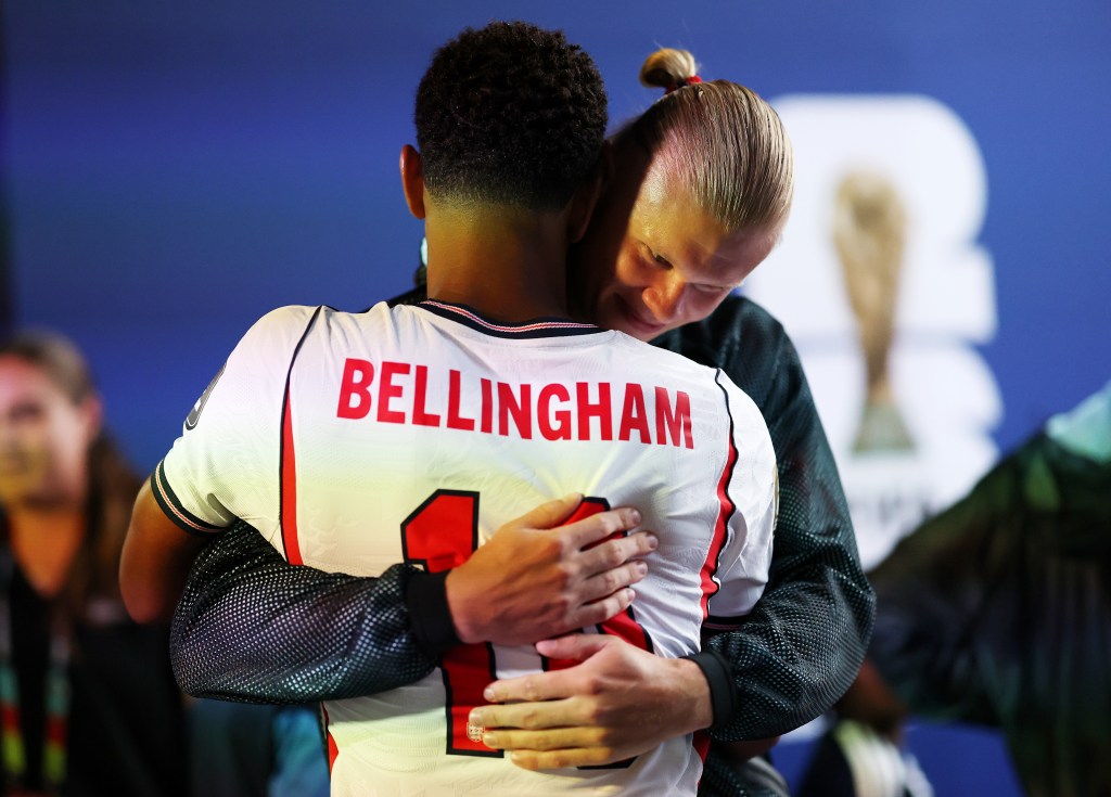England's Jude Bellingham #10 and Norway's Erling Haaland #9 hugging in the tunnel before the 2026 FIFA World Cup quarter-final match