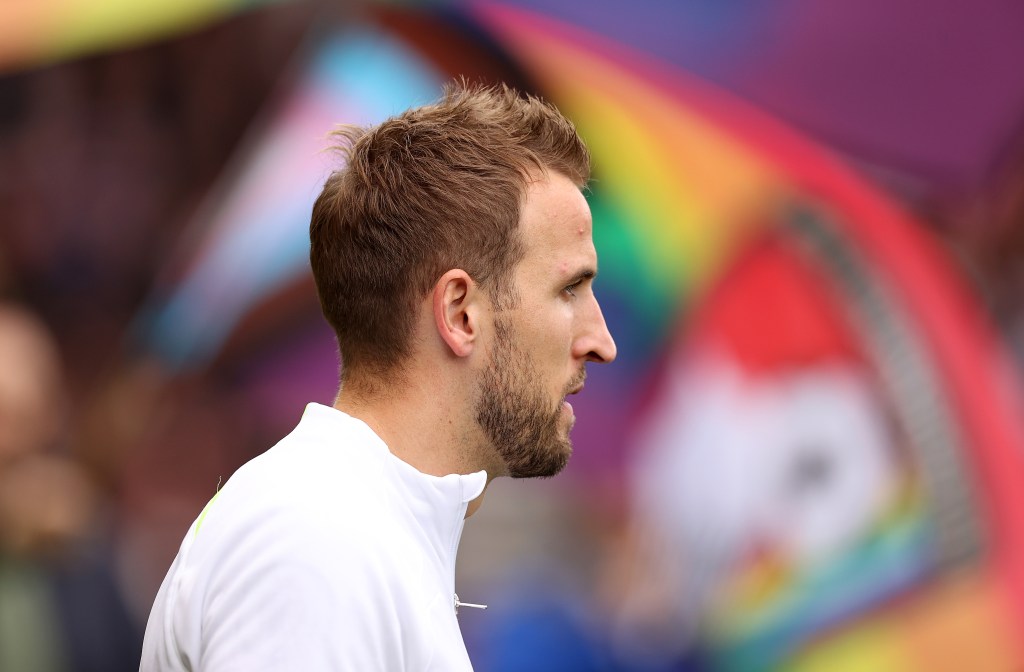 Harry Kane with a blurry Progress Pride flag behind him