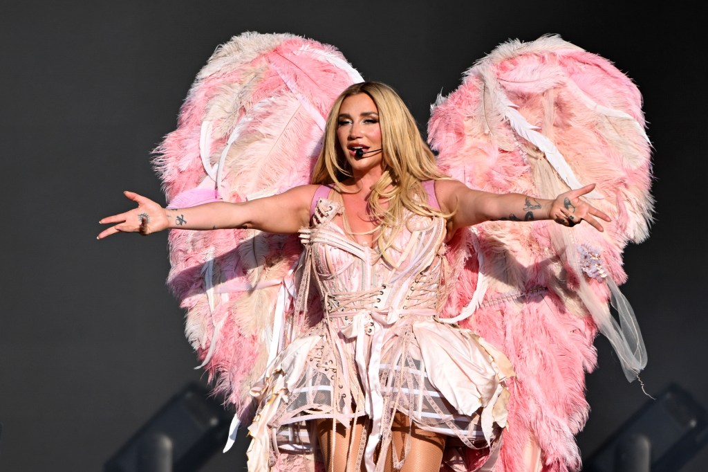 Kesha performs during BST Hyde Park, in a pink corset with heart shaped wings