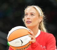 Sophie Cunningham #8 of the Indiana Fever warms up before the game against the Seattle Storm