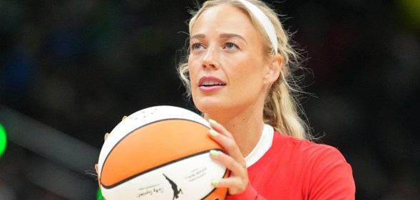 Sophie Cunningham #8 of the Indiana Fever warms up before the game against the Seattle Storm