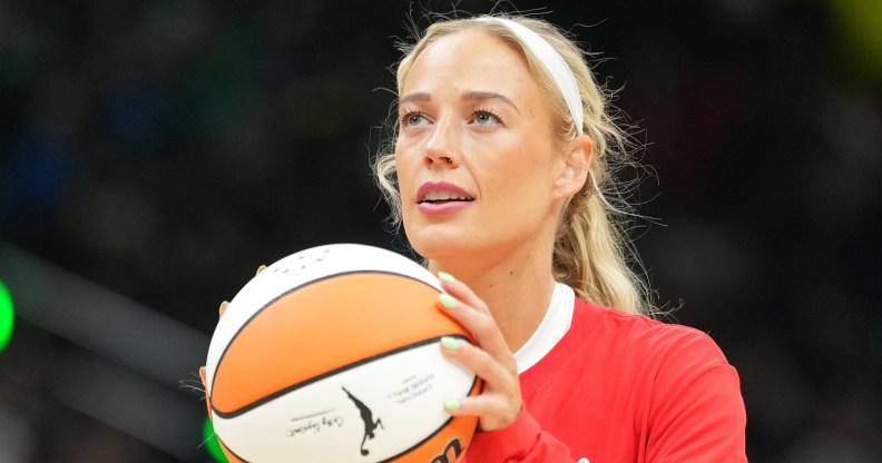 Sophie Cunningham #8 of the Indiana Fever warms up before the game against the Seattle Storm
