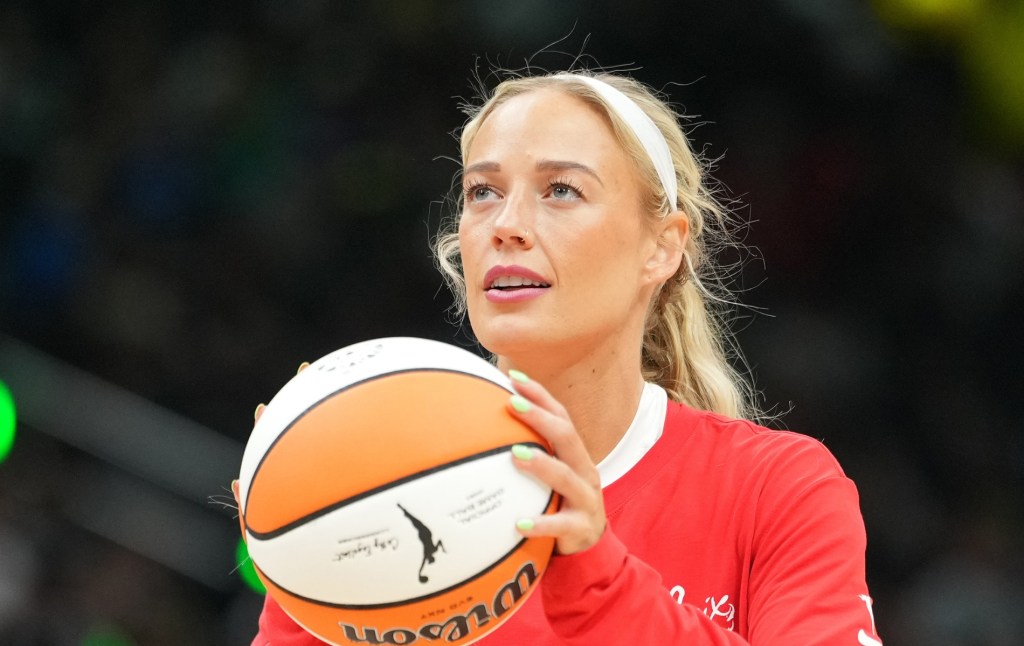 Sophie Cunningham #8 of the Indiana Fever warms up before the game against the Seattle Storm