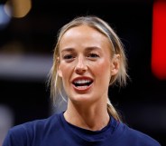 Indiana Fever guard Sophie Cunningham talking during warm ups