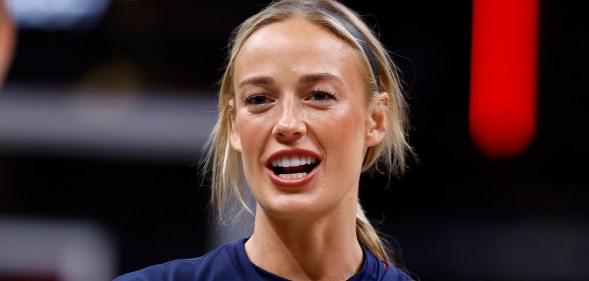 Indiana Fever guard Sophie Cunningham talking during warm ups