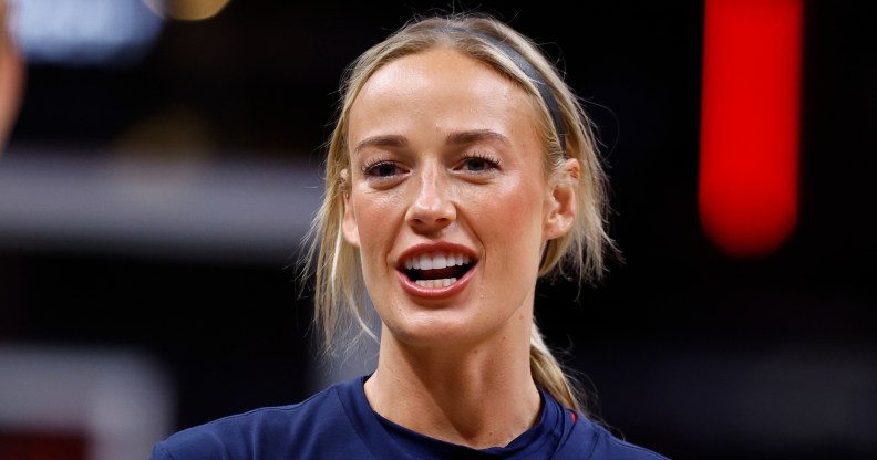 Indiana Fever guard Sophie Cunningham talking during warm ups