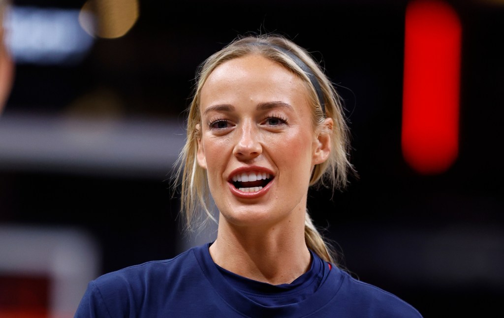 Indiana Fever guard Sophie Cunningham talking during warm ups