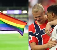 Image of a rainbow flag on a football pitch. Seperate image of Jude Bellingham #10 of England is congratulated by Erling Haaland #9 of Norway