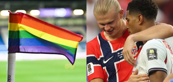 Image of a rainbow flag on a football pitch. Seperate image of Jude Bellingham #10 of England is congratulated by Erling Haaland #9 of Norway