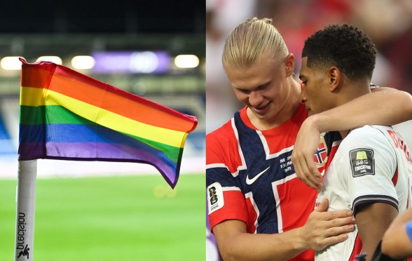 Image of a rainbow flag on a football pitch. Seperate image of Jude Bellingham #10 of England is congratulated by Erling Haaland #9 of Norway