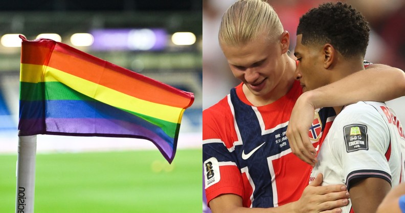 Image of a rainbow flag on a football pitch. Seperate image of Jude Bellingham #10 of England is congratulated by Erling Haaland #9 of Norway