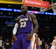 Los Angeles, CA - April 29: LeBron James #23 of the Los Angeles Lakers reacts foul against the Houston Rockets in the second half of game 5 of a Western Conference first-round NBA playoff basketball