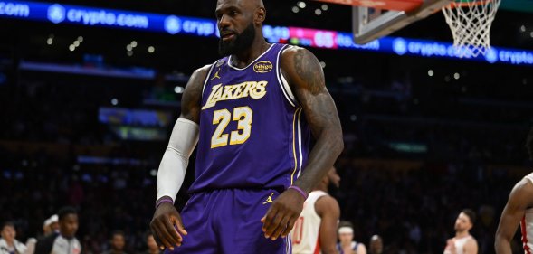 Los Angeles, CA - April 29: LeBron James #23 of the Los Angeles Lakers reacts foul against the Houston Rockets in the second half of game 5 of a Western Conference first-round NBA playoff basketball