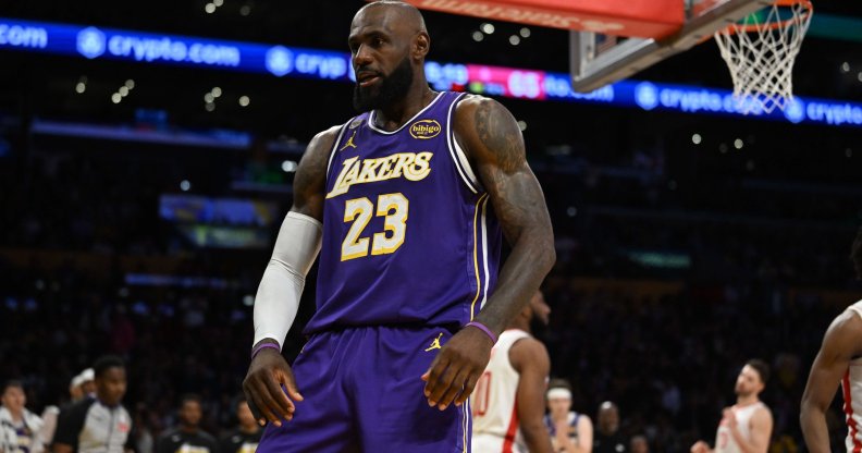 Los Angeles, CA - April 29: LeBron James #23 of the Los Angeles Lakers reacts foul against the Houston Rockets in the second half of game 5 of a Western Conference first-round NBA playoff basketball
