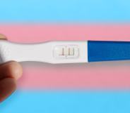 person holding a pregnancy test over trans flag colours