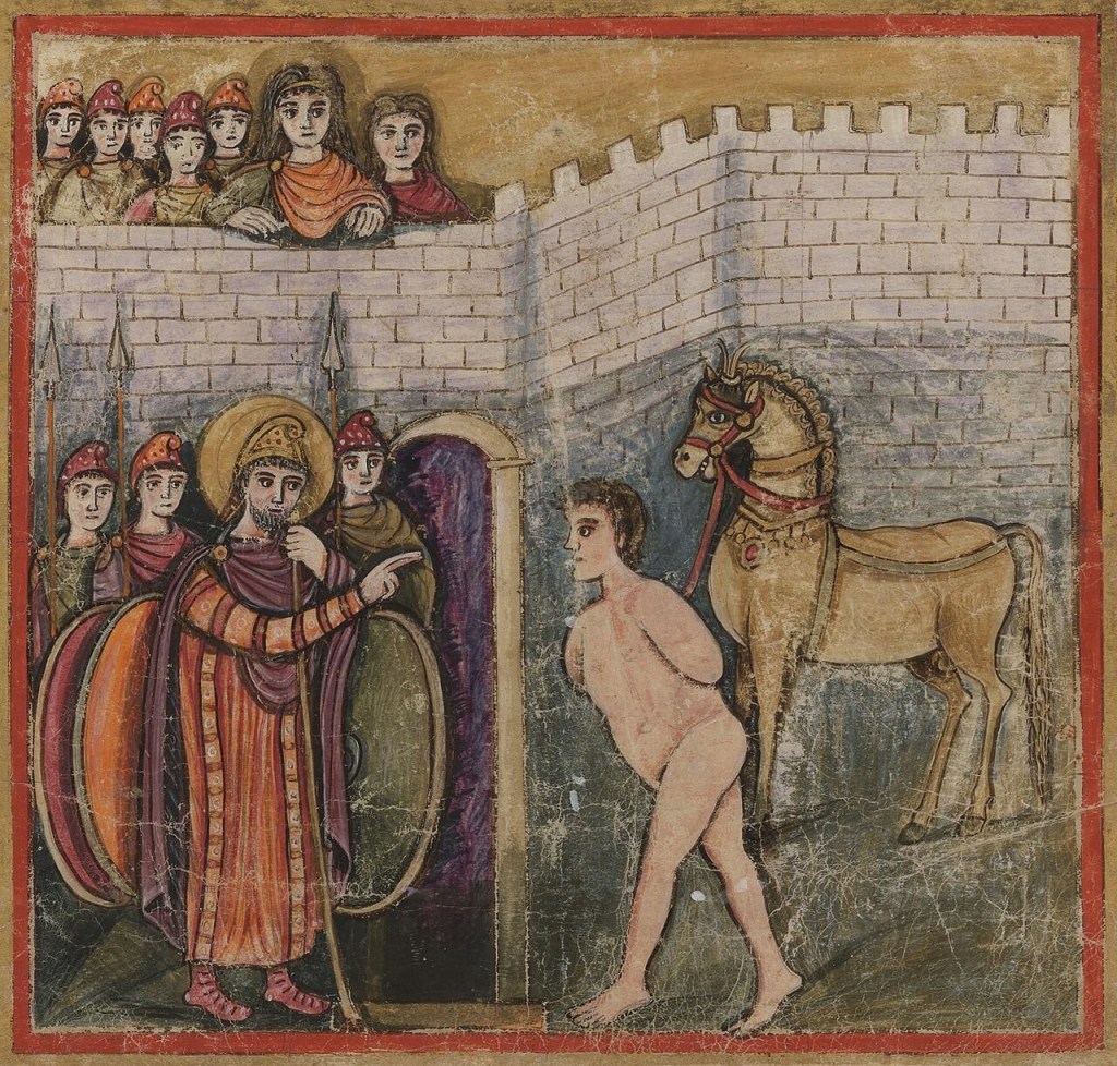 Sinon depicted with the Trojan Horse