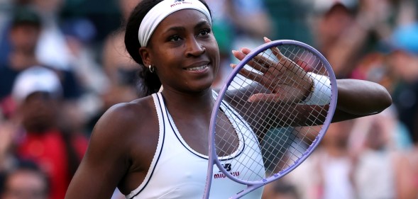 LONDON, ENGLAND - JULY 03: Coco Gauff of United States acknowledges the crowd following victory over Claire Liu of United States during their Ladies' Singles third round match on day five of The Championships Wimbledon 2026 at All England Lawn Tennis and Croquet Club on July 03, 2026 in London, England. (Photo by Cameron Spencer/Getty Images)