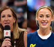 WNBA Commissioner Cathy Engelbert speaking, beside image of Sophie Cunningham ahead of game